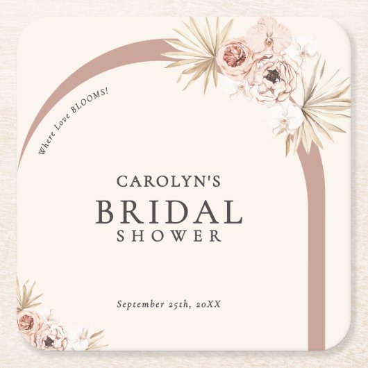 ボホウォーター色フローラモダンアーチブライダルシャワー スクエアペーパーコースター (正面)