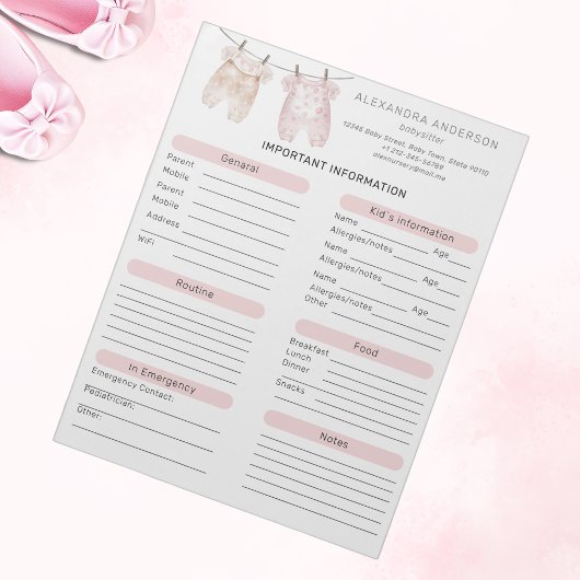 ボホウォーター色ベビーシッター情報シート ノートパッド