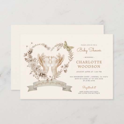 ボホウォーター色ベビーシャワーベビー足 招待状 (正面/裏面)