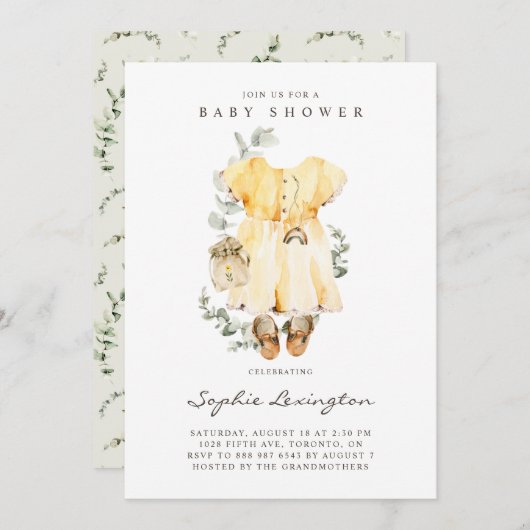 ボホウォーター色ベビードレスユーカリ赤ちゃんシャワー 招待状 (正面/裏面)