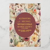 ボホウォーター色ミュートされたトーンワイルドフラワー結婚ズ 箔招待状 (正面)