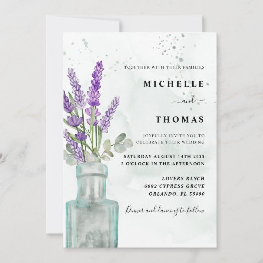 ボホウォーター色ユーカリとラベンダー結婚ズ 招待状 (正面)