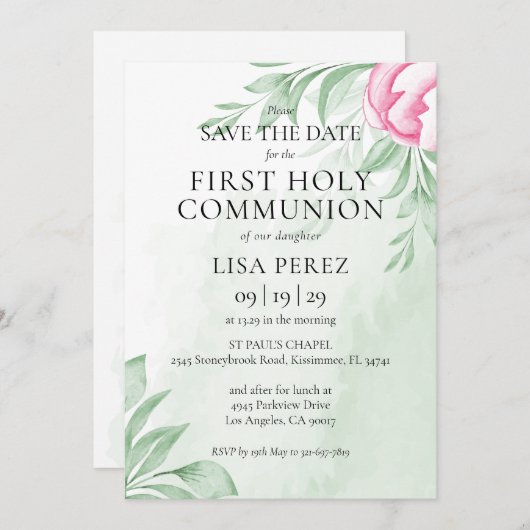 ボホウォーター色ユーカリ最初の聖餐式 セーブザデート (正面/裏面)