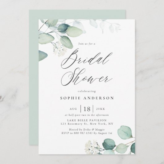 ボホウォーター色ユーカリ葉ブライダルシャワーイン 招待状 (正面/裏面)