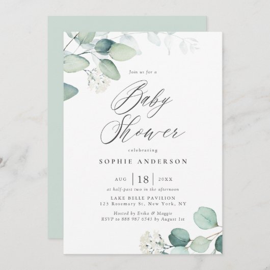 ボホウォーター色ユーカリ離れスベイビーシャワー 招待状 (正面/裏面)