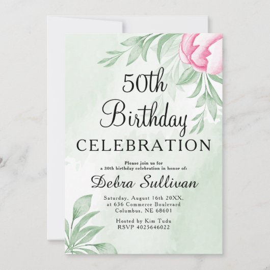 ボホウォーター色ユーカリ離れス50th誕生日 招待状 (正面)