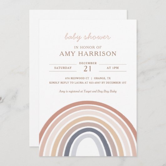 ボホウォーター色レインボーガールベビーシャワー招待 招待状 (正面/裏面)