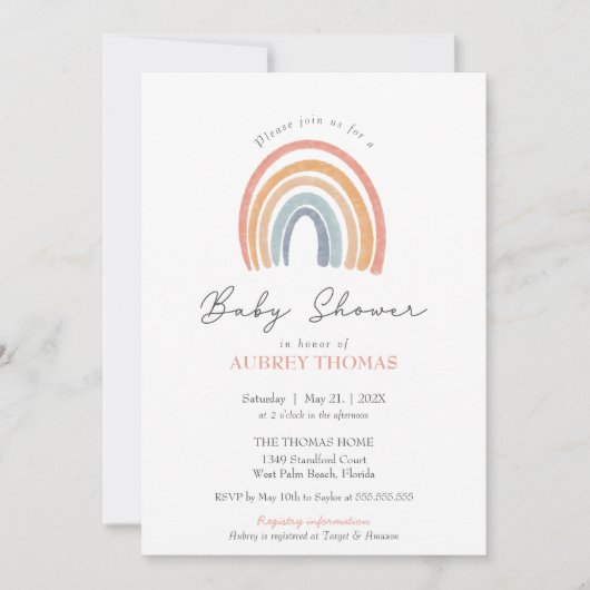 ボホウォーター色レインボーガールボーイ双子ベビーシャワー 招待状 (正面)