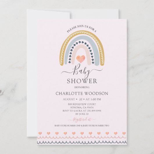 ボホウォーター色レインボーピンク赤ちゃんシャワーinvitati 招待状 (正面)