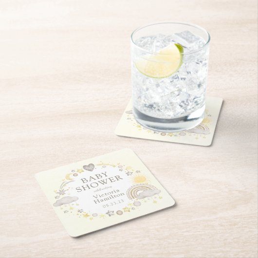 ボホウォーター色レインボーベビーシャワー スクエアペーパーコースター (インサイチュ)