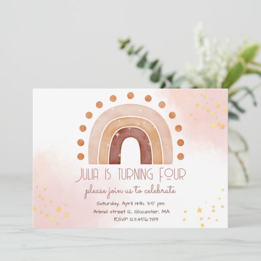 ボホウォーター色レインボー誕生日招待状 招待状 (スタンド正面)