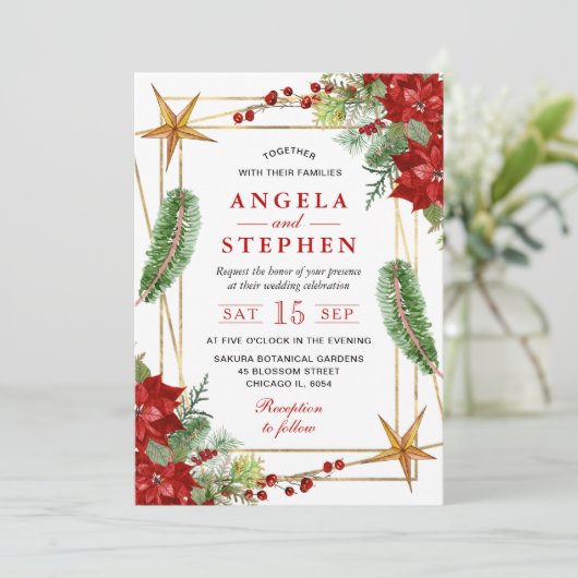 ボホウォーター色レッドポインセチア冬の結婚式 招待状 (スタンド正面)