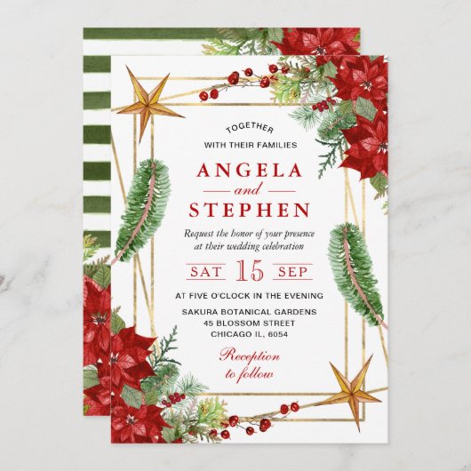 ボホウォーター色レッドポインセチア冬の結婚式 招待状 (正面/裏面)