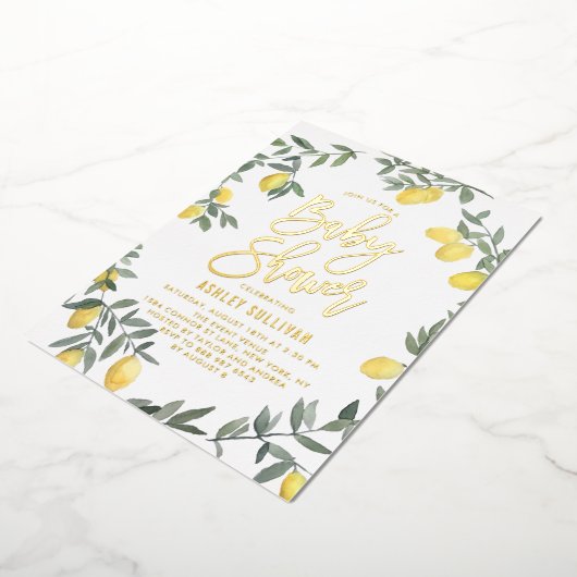 ボホウォーター色レモンリースベビーシャワー 箔招待状 (回転した状態)