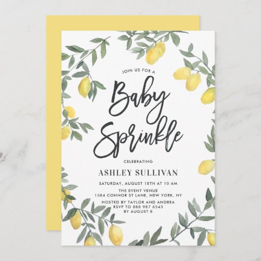ボホウォーター色レモンリースベビー散水シャワー 招待状 (正面/裏面)