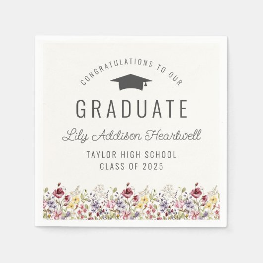 ボホウォーター色ワイルドフラワーアイボリー卒業パーティー スタンダードカクテルナプキン (正面)