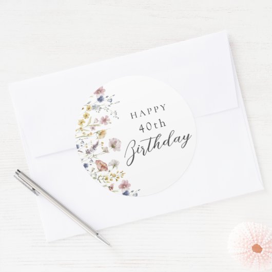 ボホウォーター色ワイルドフラワーフローラ40th誕生日 ラウンドシール (封筒)