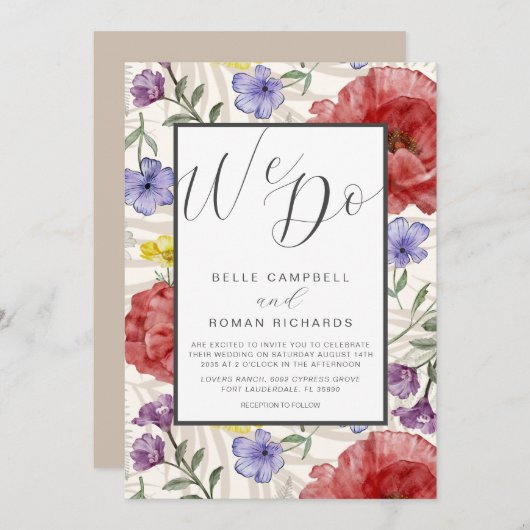 ボホウォーター色ワイルドフラワーベージュ結婚ズ 招待状 (正面/裏面)