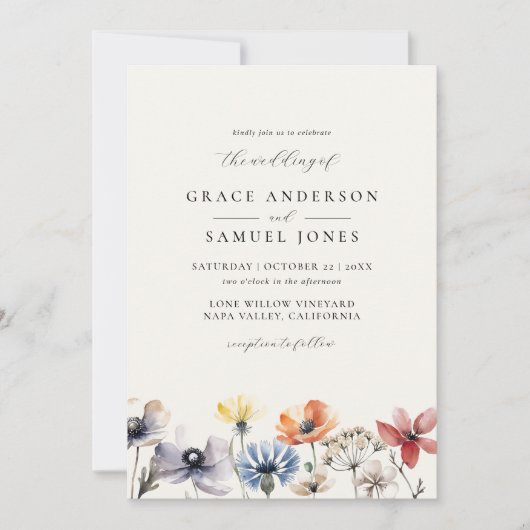 ボホウォーター色ワイルドフラワー結婚フローラ 招待状 (正面)