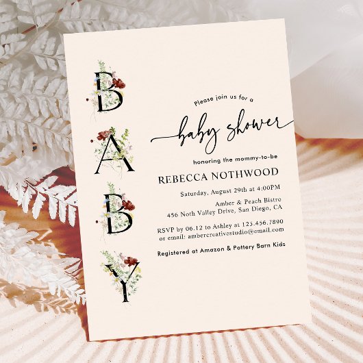 ボホウォーター色ワイルドフラワー赤面ピンク赤ちゃんシャワー 招待状