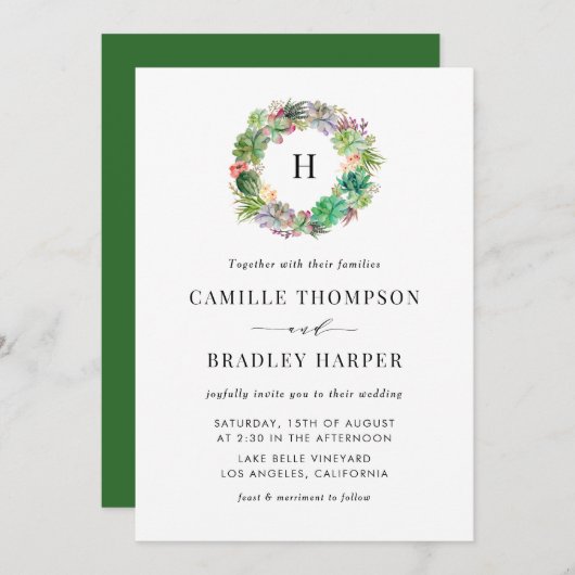 ボホウォーター色多肉植物リースフローラ結婚ズ 招待状 (正面/裏面)