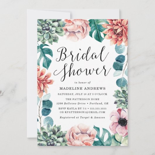 ボホウォーター色多肉類ブライダルシャワー 招待状 (正面)