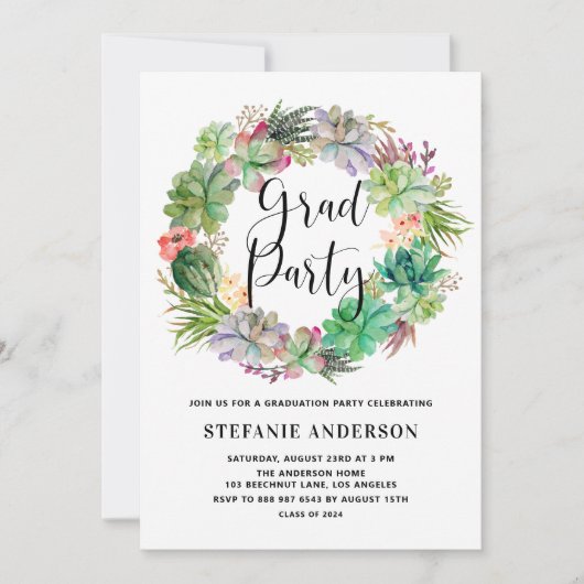 ボホウォーター色多肉類リース卒業パーティー 招待状 (正面)