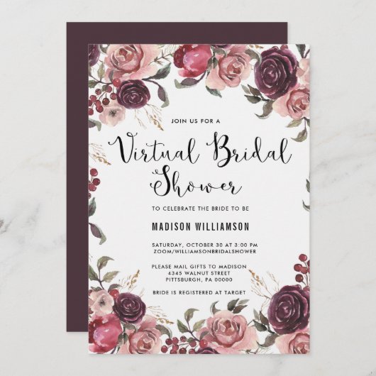 ボホウォーター色秋フローラバーチャルブライダルシャワー 招待状 (正面/裏面)