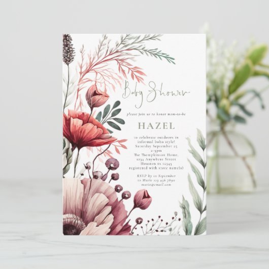 ボホウォーター色花模様バーガンディーセージ赤ちゃんシャワー 招待状 (スタンド正面)