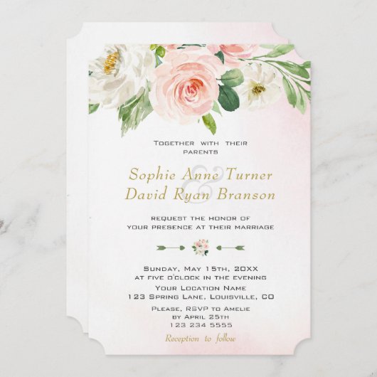 ボホウォーター色赤面クリームフラワー結婚ズ 招待状 (正面/裏面)