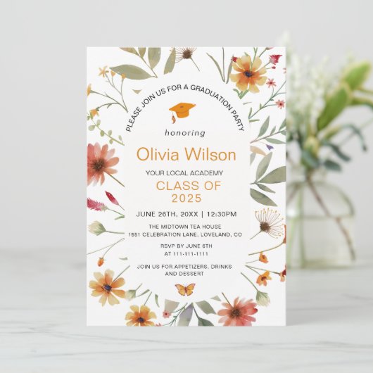 ボホウォーター色野花写真卒業パーティー 招待状 (スタンド正面)