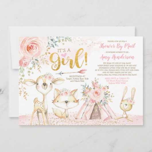 ボホウッかわいらしドランドピンクの金ゴールドのベビーシャワーを郵送 招待状 (正面)