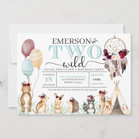 ボホウッドランドツーワイルドセカンド誕生日招待状 招待状 (正面)