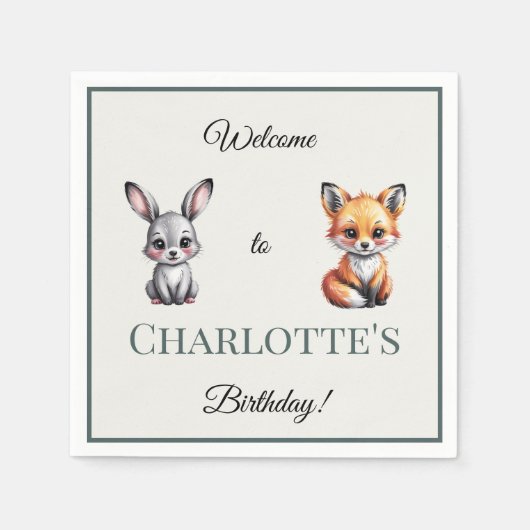 ボホウッドランドバニーキツネキッズキッド誕生日 スタンダードカクテルナプキン (正面)