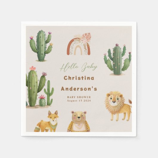 ボホウッドランドベアーライオンキツネサボテン赤ちゃんシャワー スタンダードカクテルナプキン (正面)
