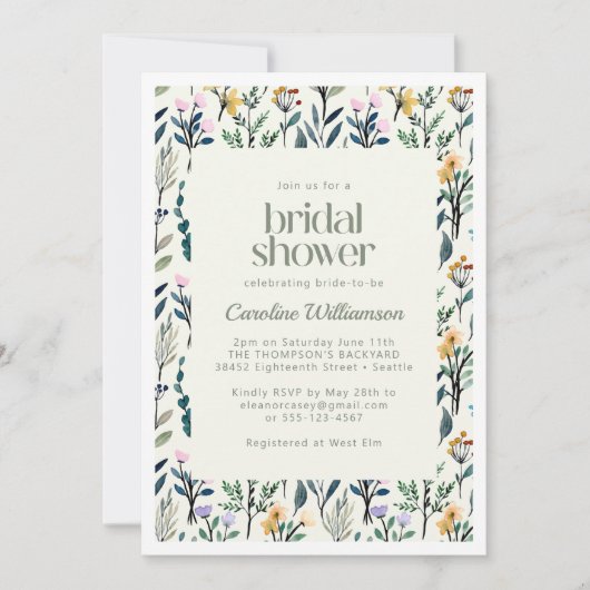 ボホエティックウォーターカラーワイルドフラワーブライダルシャワー 招待状 (正面)