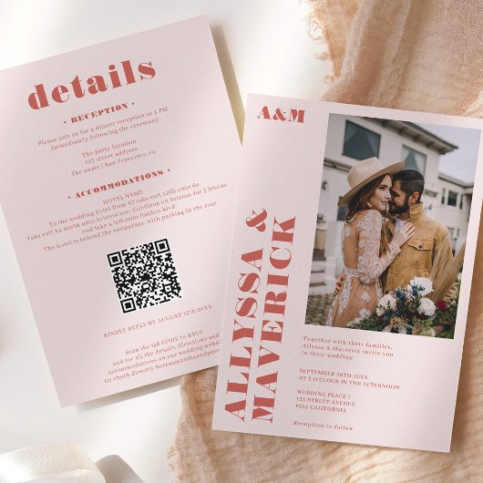 ボホエレガントはっきりしたベージュのテラコッタの写真結婚。 招待状