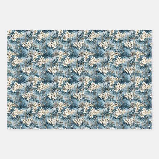 ボホエレガントほこりっぽい青とアイボリーの冬の花 ラッピングペーパーシート (正面)