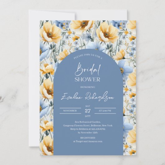 ボホエレガントアーチライトブルー&イエローワイルドフラワー 招待状 (正面)