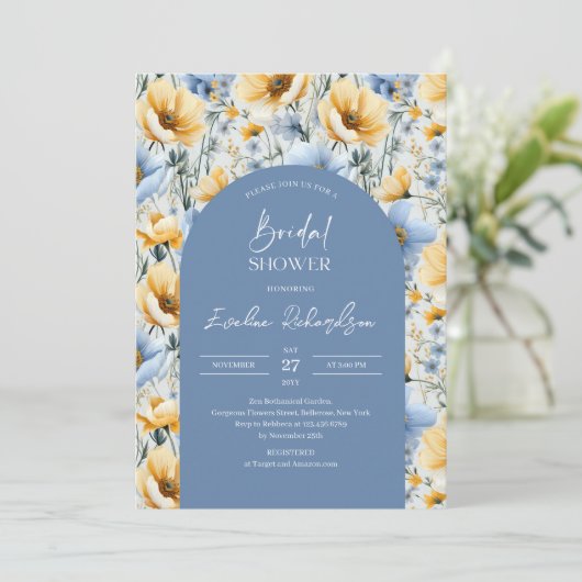 ボホエレガントアーチライトブルー&イエローワイルドフラワー 招待状 (スタンド正面)