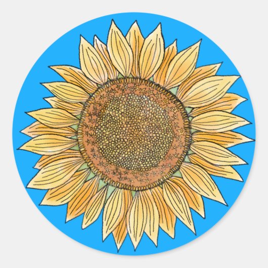 ボホエレガントイエローとブルーの水色ひまわり ラウンドシール (正面)