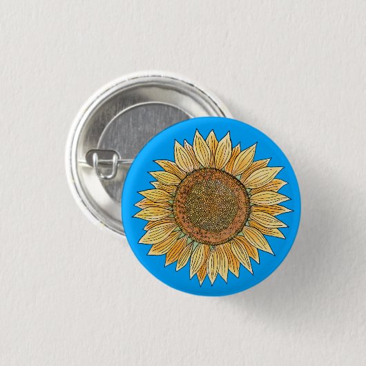 ボホエレガントイエローとブルーの水色ひまわり 缶バッジ (正面&裏面)