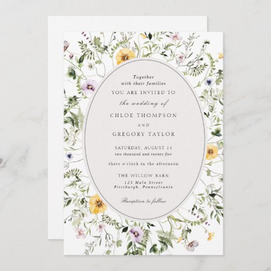 ボホエレガントイエローワイルドフラワー結婚の緑 招待状 (正面/裏面)