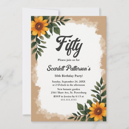 ボホエレガントウォーターカラーヒマワリフローラ誕生日 招待状 (正面)