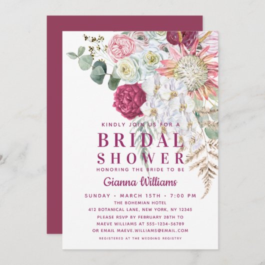 ボホエレガントウォーター色フローラブライダルシャワー 招待状 (正面/裏面)