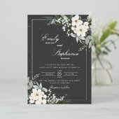 ボホエレガントウォーター色フローラブラック金ゴールドズ結婚 箔招待状 (立ち正面)