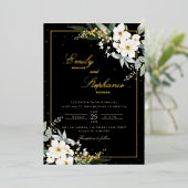ボホエレガントウォーター色フローラブラック金ゴールドズ結婚 箔招待状 (立ち正面)