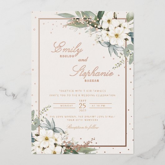 ボホエレガントウォーター色フローラブラック金ゴールドズ結婚 箔招待状 (正面)