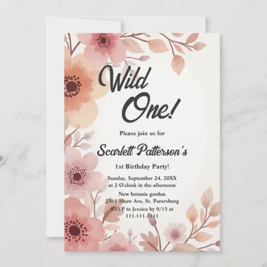 ボホエレガントウォーター色フローラ夏の最初の誕生日 招待状 (正面)