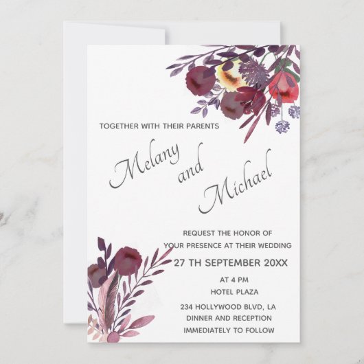 ボホエレガントウォーター色ロマンチックなフローラブーケ 招待状 (正面)